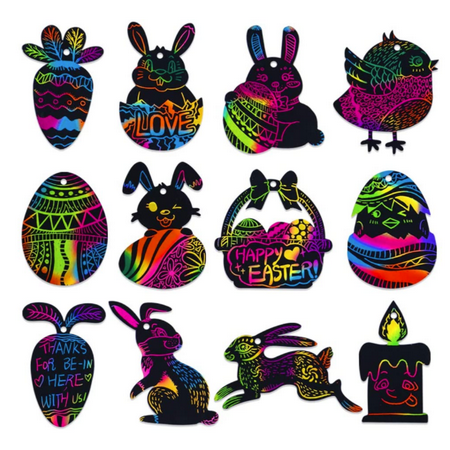 WaaHome 24pcs Easter Scratch Art Paper Crafts for Kids, Easter Egg Bunny Chick Rainbow Scratch Art for Kids School Classroom DIY Crafts Party Game Favors Decorations