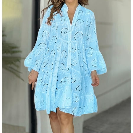 Wiyuqeen Womens Lace Hollow Out Mini Dresses Soft Trendy Notch V Neck Button Long Sleeve Dresses Cute Casual Breathable Babydoll Dresses Loose Dresses