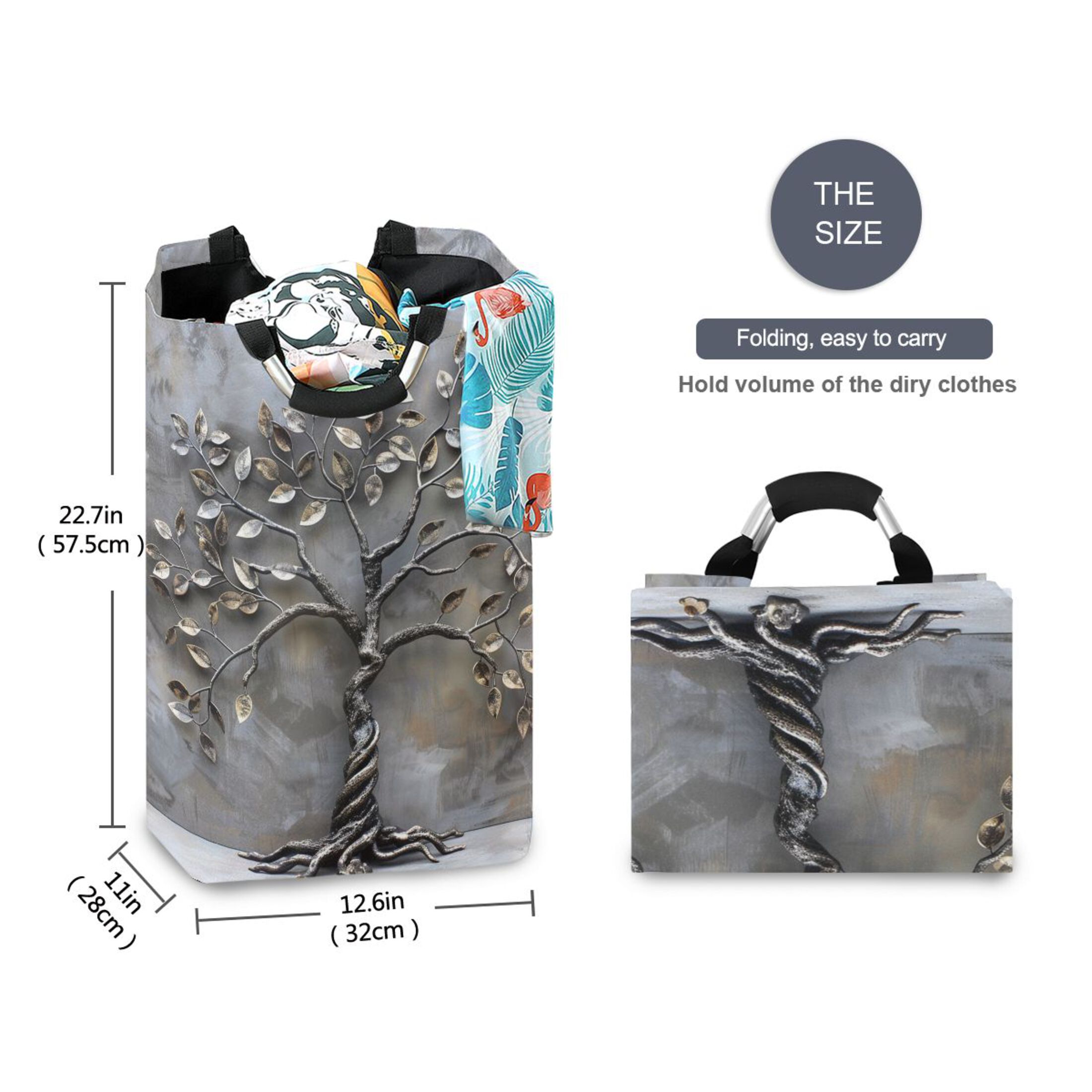 Metal Tree Laundry Basket with Handles Foldable Laundry Hamper Freestanding Washing Bin 50L