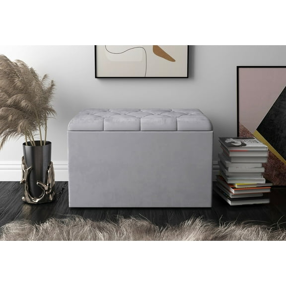 Home Design Arya Upholstered 30" Flip Top Storage Bench with Button Tufted Velvet Seat, Foam Padding, and Hidden Storage, Multi-Purpose Entryway or Bedroom Seating, Gray
