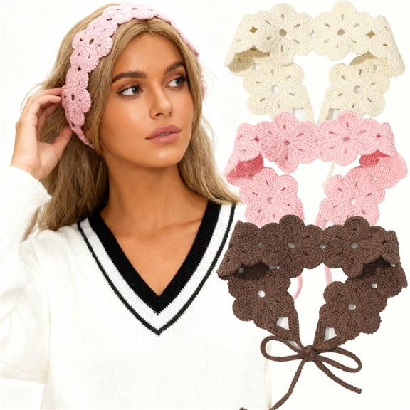 Helii Women's Crochet Head Scarf Head Wrap – Handmade Knotted Kerchief Hair Scarf, Floral Tie Back Bandana Headband, Boho Vintage Hair Wrap for Music Festival White,One Size