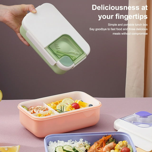 Lunch Box School Portable Compartments Kitchen Salad Package Microwave Sealing Storage Food Container with Spoon Leak-proof Locking Organizer Green
