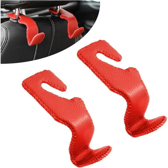 Leather Car Seat Headrest Hooks, 2 Pack Back Seat Hangers, Hanger Holder for Auto Backseat, Storage for Purses Bags Coats Umbrellas, Universal Vehicle Organizer for Hanging Grocery (Red)