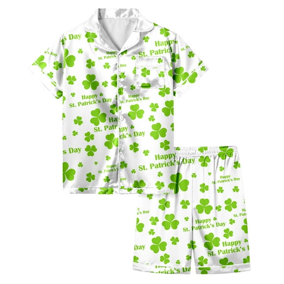 PMVFHDE Kids Pajamas Kids' St. Patrick's Day Printed Pajamas Short Sleeved Button Top Shorts Home Pajamas Set Green,4-5 Years