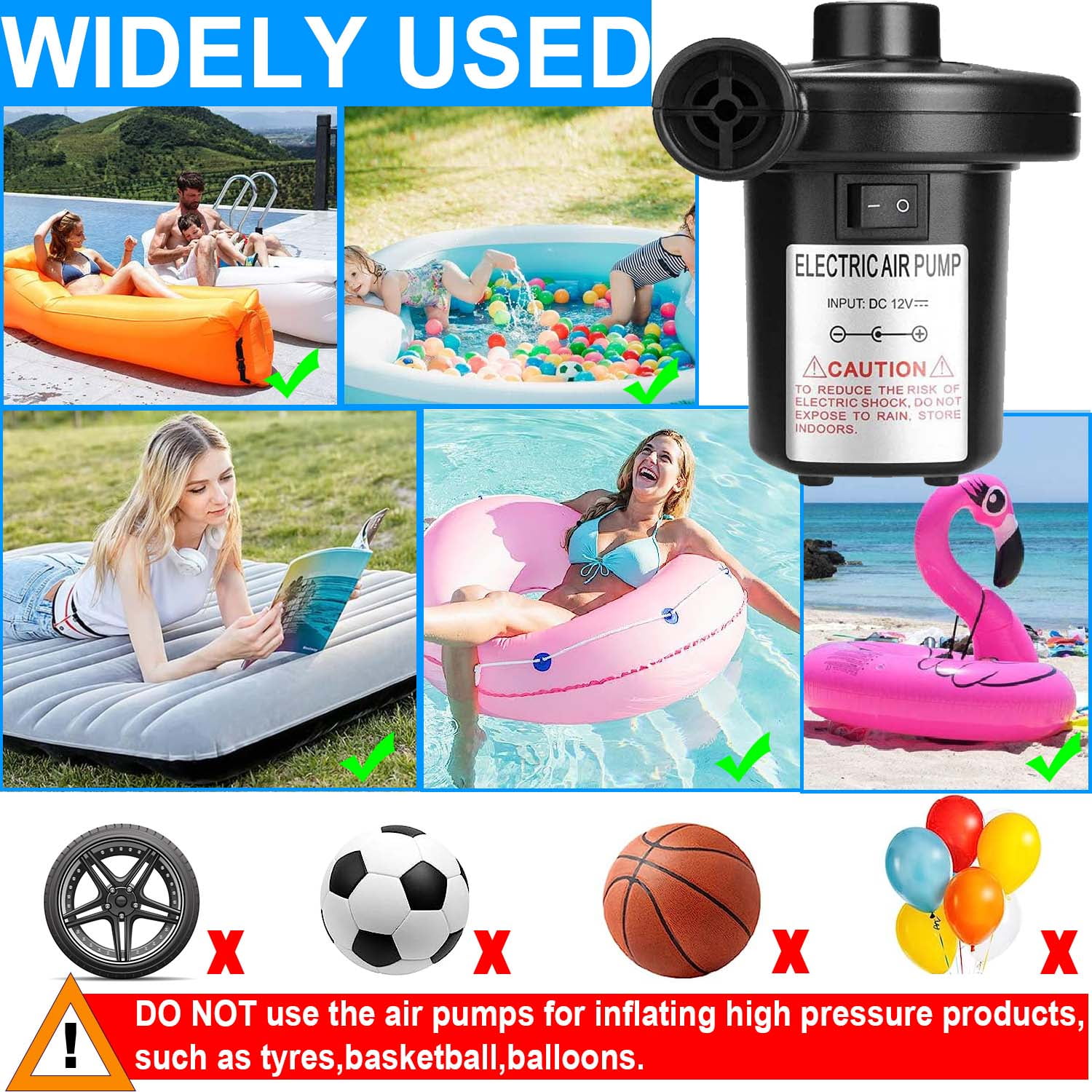 Electric Air Pump for Inflatables, Portable Air Mattress Pump with 3 Nozzles, 110V AC/12V DC Quick-Fill Electric Air Pump Inflator/Deflator for Pool Floats, Rafts, Air Beds & Toys