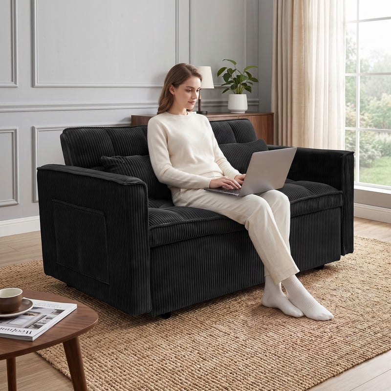 Anpport 54" 3‑in‑1 Convertible Sleeper Sofa Bed, Corduroy Pull‑Out Couch with Adjustable Backrest, Side Pockets & 2 Pillows for Small Spaces, Black