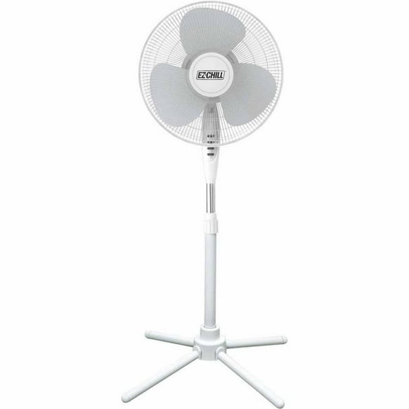 Ventilador de pedestal oscilante EZ-CHILL de 16", opciones de 3 velocidades, cabezal oscilante de 90 grados, altura e inclinación ajustables, potente flujo de aire, blanco, MTSP15-16AZ