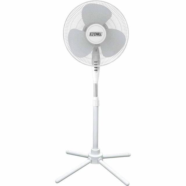 Ventilador de pedestal oscilante EZ-CHILL de 16", opciones de 3 velocidades, cabezal oscilante de 90 grados, altura e inclinación ajustables, potente flujo de aire, blanco, MTSP15-16AZ
