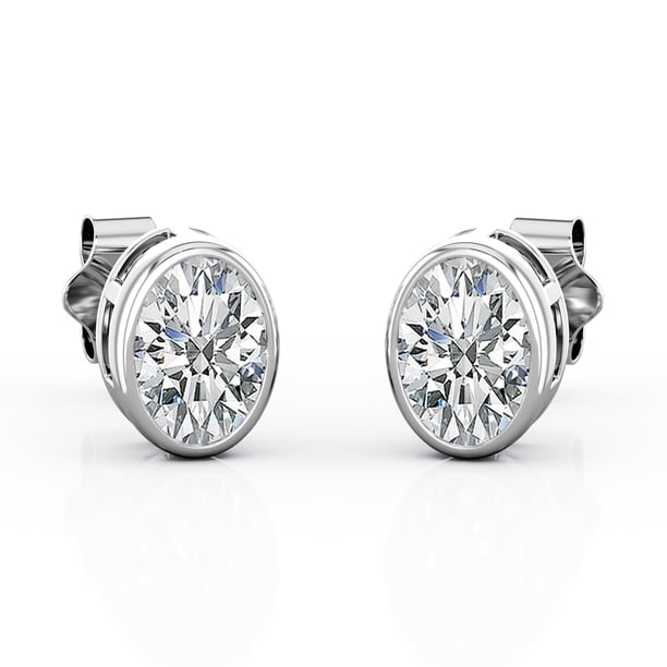 JeenMata Pendientes con Solitario de Moissanita Ovalada de 2 Quilates Engastados en Bisel y Baño de Oro Blanco de 18 K sobre Plata
