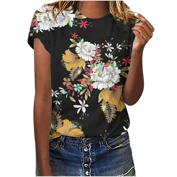 FAVIPT Women's Blouses for Summer Short Sleeve Crew Neck Shirts Floral Print Loose Fit Tunic Tees Casual Trendy 2025 Tops Black,XXL
