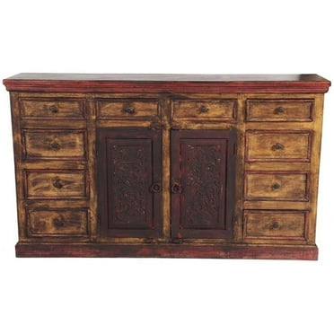 Arvada Solid Wood 2 Door 10 Drawer Hand-Carved Buffet in Brown