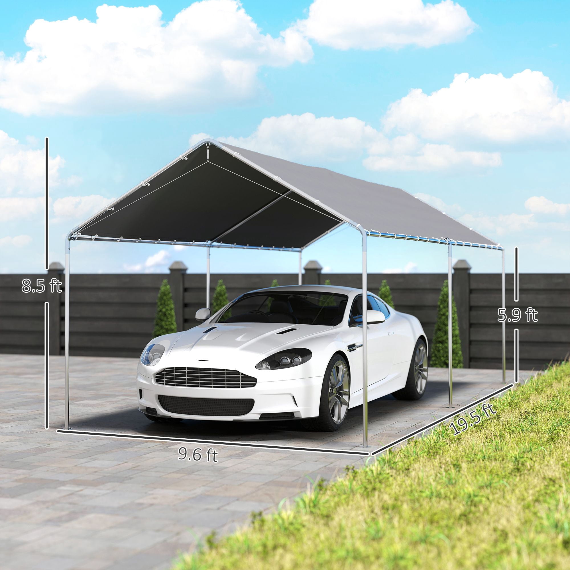 Outsunny 9.6' x 19.5' Carport Canopy, Heavy Duty Galvanized Steel Frame with PE Cloth, Weather Protection for Small to Medium Vehicles, Grey Outdoor Car Tent with Anchor Kit