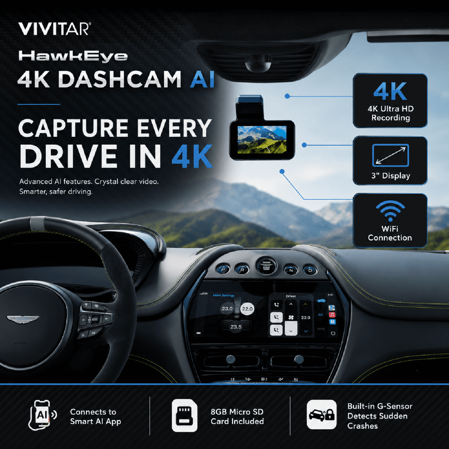 Vivitar HawkEye 4K AI Dash Cam with WiFi, Smart AI App, Front & Rear Collision Warnings, Lane Departure Alert, G-Sensor & 8GB MicroSD Card