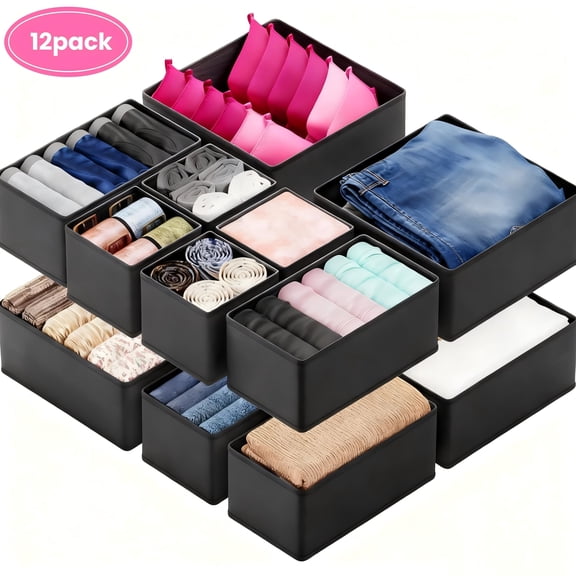 ZHIJYBO 12 Pack Drawer Organizer Clothes, Dresser Organizer for Clothes, Underwear, Sock- Foldable Closet Organization and Storage Dividers Bins for Nursery, Bedroom (Black)