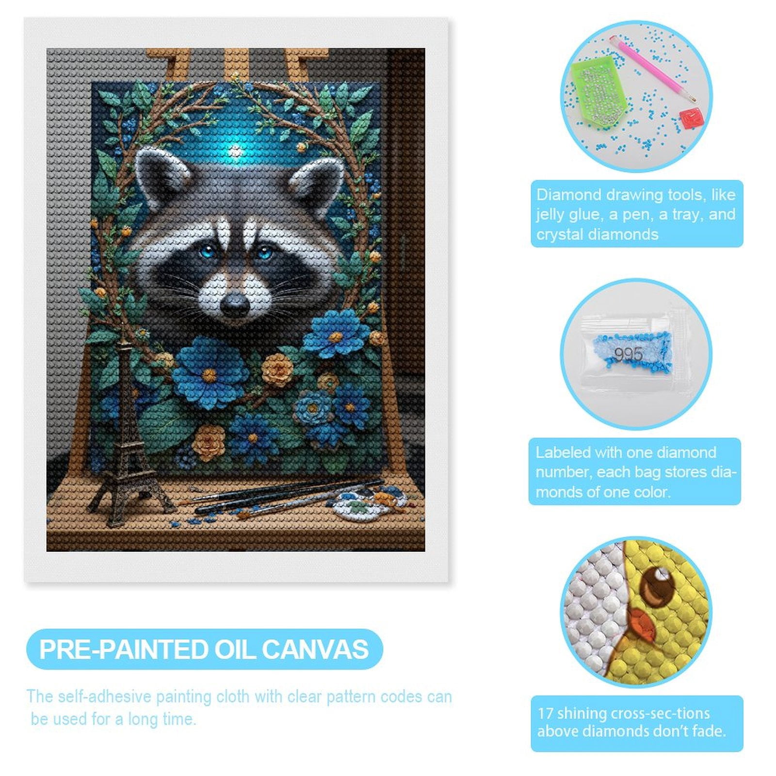 Diamond Art Kits for Adults, Raccoon Floral Art Canvas Painting 5D Diamond Painting Kits for Adults Beginners, DIY Full Drill Diamond Painting, Gem Art and Crafts 12x16