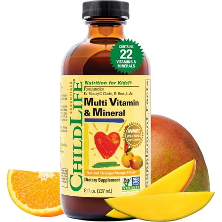ChildLife Essentials Liquid Multivitamin & Mineral: Essential Nutrients for Kids, Orange & Mango Flavor, 8 Fl Oz Bottle (Pack of 1)