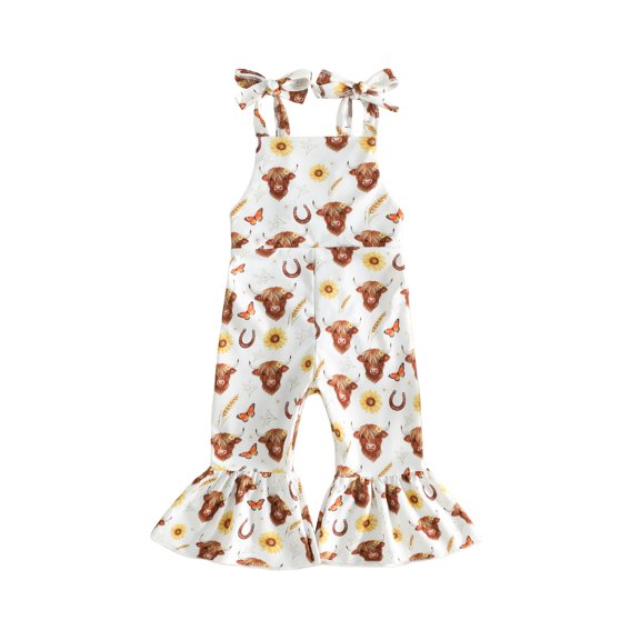 Miaouyo Toddler Girls Overalls Rugby/Cow/Horse Print Sleeveless Bell Bottom Romper