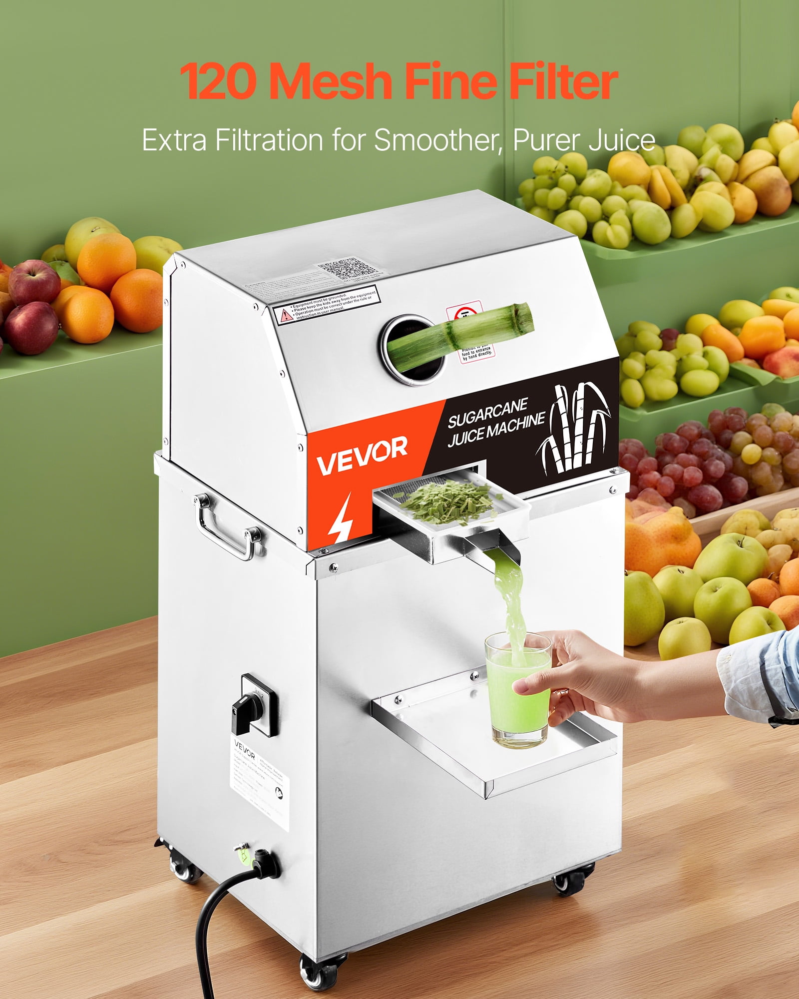 VEVOR Commercial Sugar Cane Juicer,800W Electric Sugarcane Juicer Machine with 661LBS/H High Output,3 Stainless Steel Rollers,Sugar Cane Press Juice Extractor Squeezer on Wheels for Home/Commercial