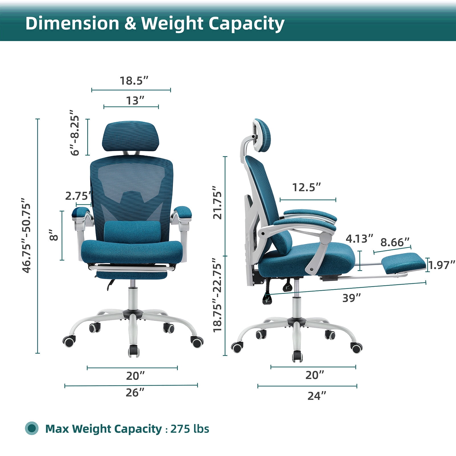 Gianna High-Back Ergonomic Mesh Office Chair with Lumbar Support, Adjustable Headrest, Footrest, and Padded Armrests for Maximum Comfort, Blue