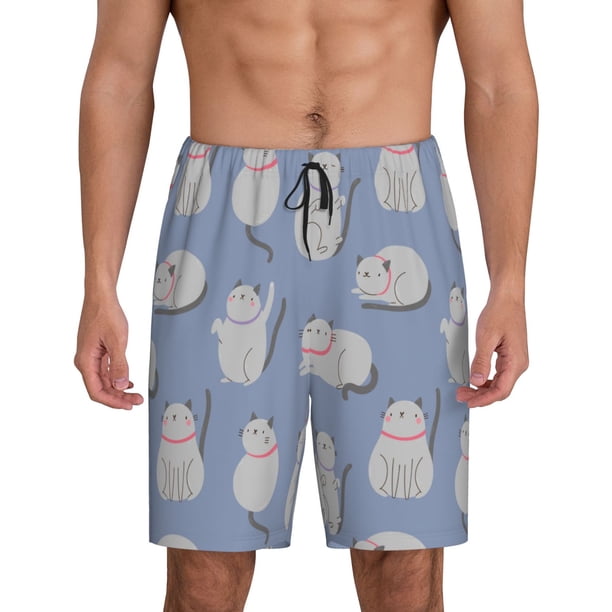Balery Cute Fat Cat Pantalones cortos de pijama de punto de algodón para hombre con cinturilla y bolsillos-Small