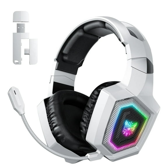 Wireless Gaming Headset for PS5/PC/PS4/Nintendo Switch,2.4G/Bluetooth Gaming Headphones with Detachable Noise Canceling Mic,7.1 Surround Sound,RGB Lighting White