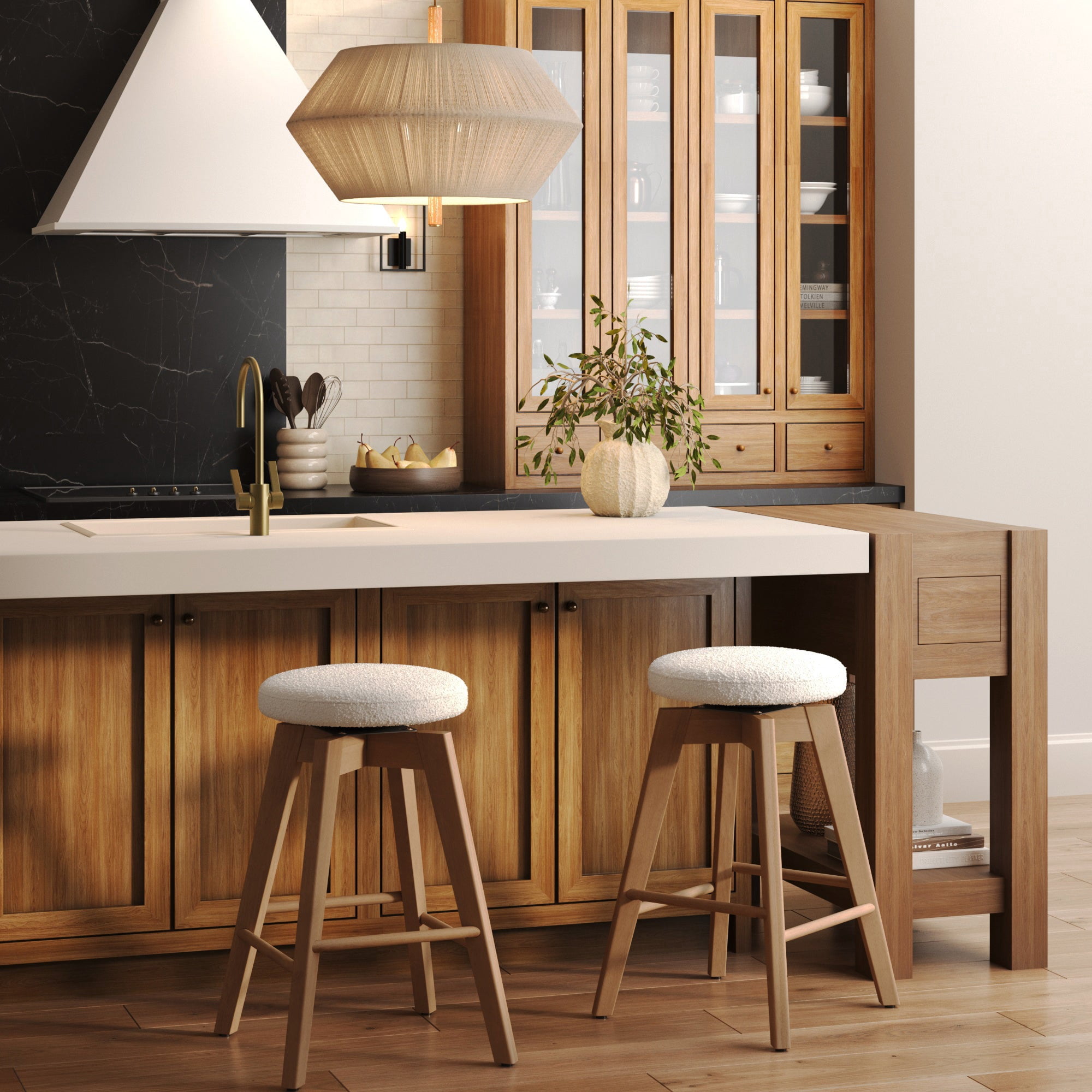 Nathan James Amalia Bohemian Swivel Bar Stool, Backless Counter Height Boucle Counter Stool with Solid Wood Legs and Upholstered Seat, White Oak