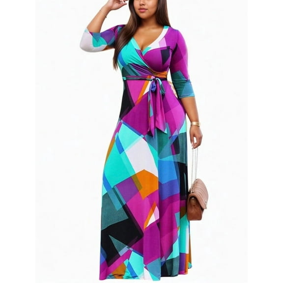 HVEOO Summer Casual Dress for Women - 3/4 Sleeve V Neck Printing Maxi Dresses for Women