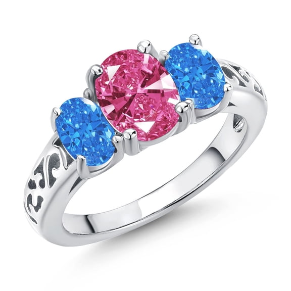 Gem Stone King 925 Sterling Silver Pink Zirconia and Fancy Blue Zirconia Filigree Style 3 Stone Ring for Women (2.07 Cttw, Oval 8X6MM and 6X4MM) (Size 5)