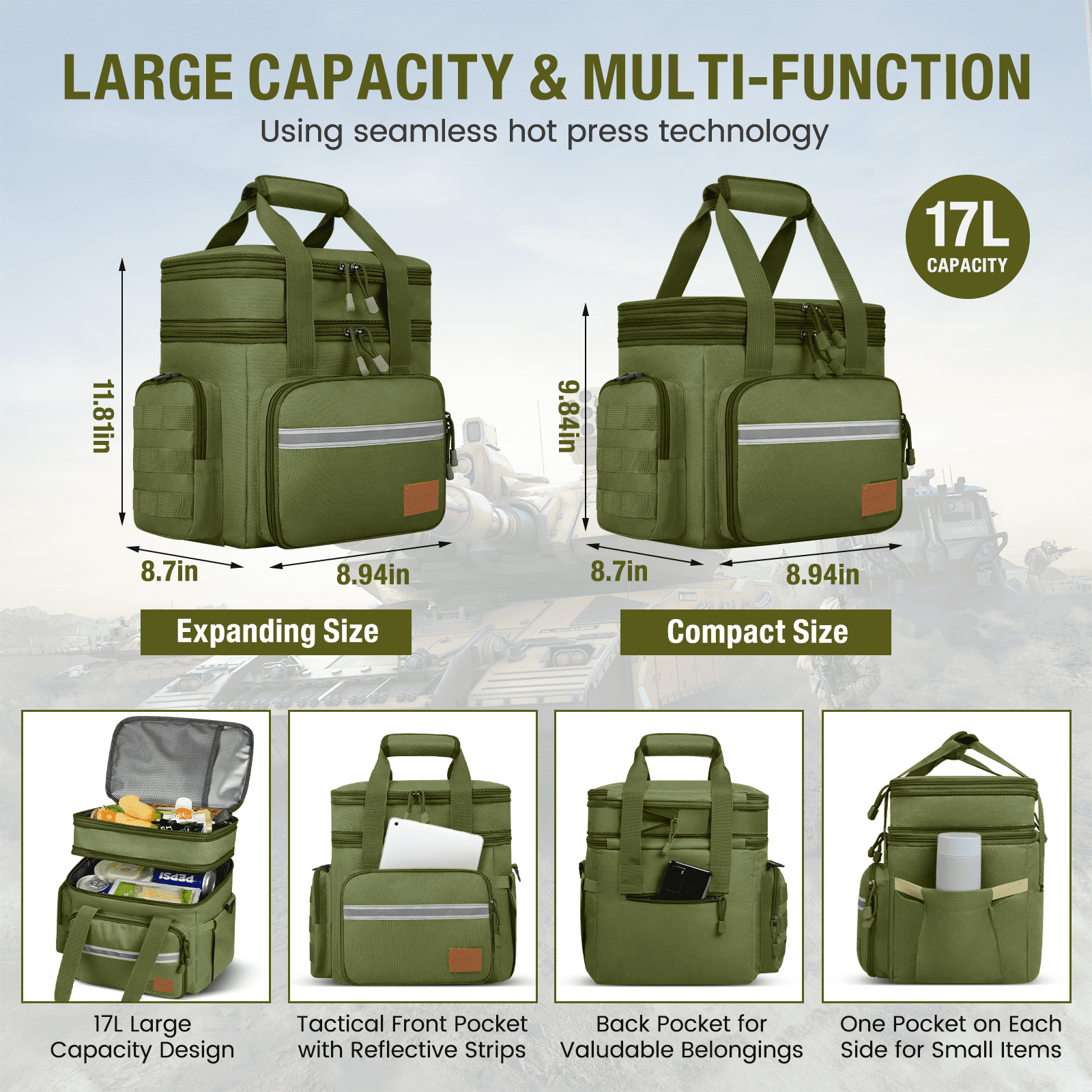 Expandable Insulated Lunch Bag w/Leakproof Design - 24 Can Capacity, Double Deck Cooler Box with Adjustable Shoulder Strap & Side Pockets for Men & Women - Durable for Work, Travel, Outdoor, Green