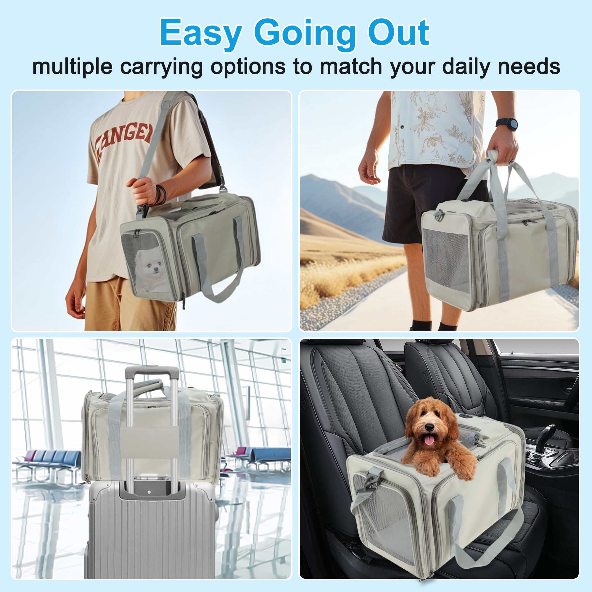 Unique Bargains Expandable Airline Approved Cat Carrier Soft-Sided Pet Travel Carrier with Removable Pad Collapsible Pet Carrier for Dogs Cats and Small Animals Beige