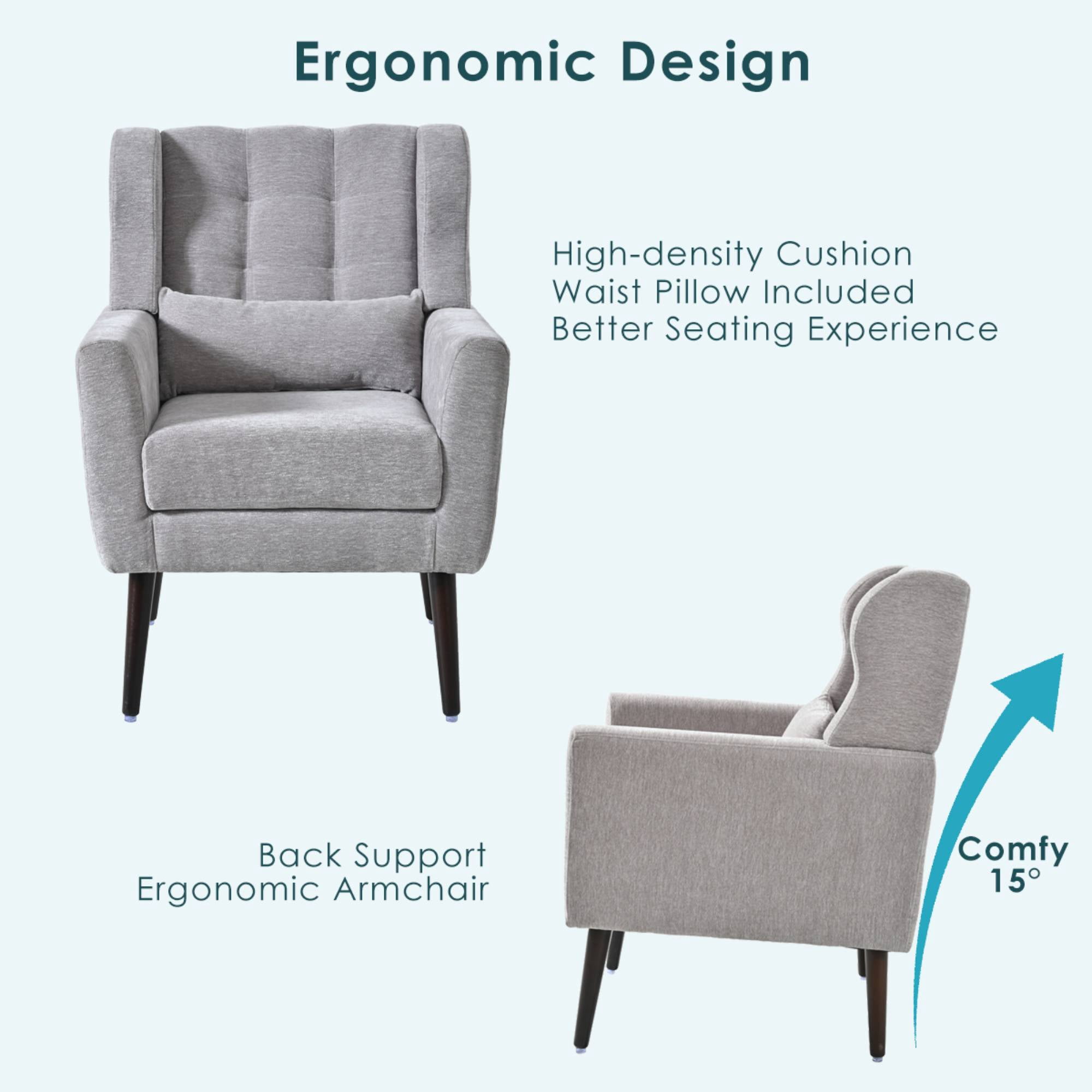 Modern Accent Chair Mid Century Armchair Reading Chair, Upholstered Tufted Side Chair with Wingback , Waist Pillow for Living Room, Grey