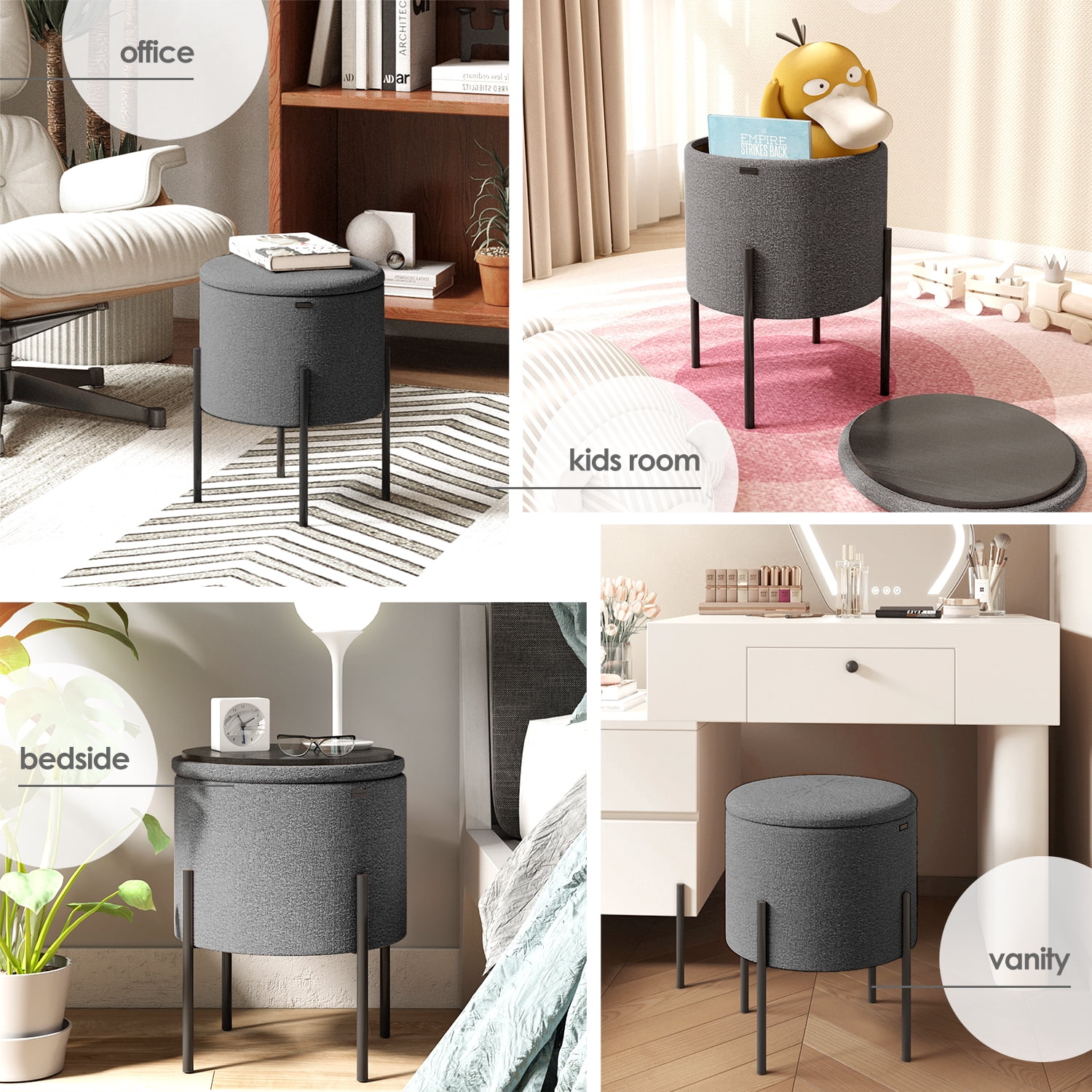 LammaLoe Small Round Ottoman with Storage, Boucle Ottoman Foot Stool with Lid, Upholstered Vanity Stool for Living Room & Bedroom, Grey