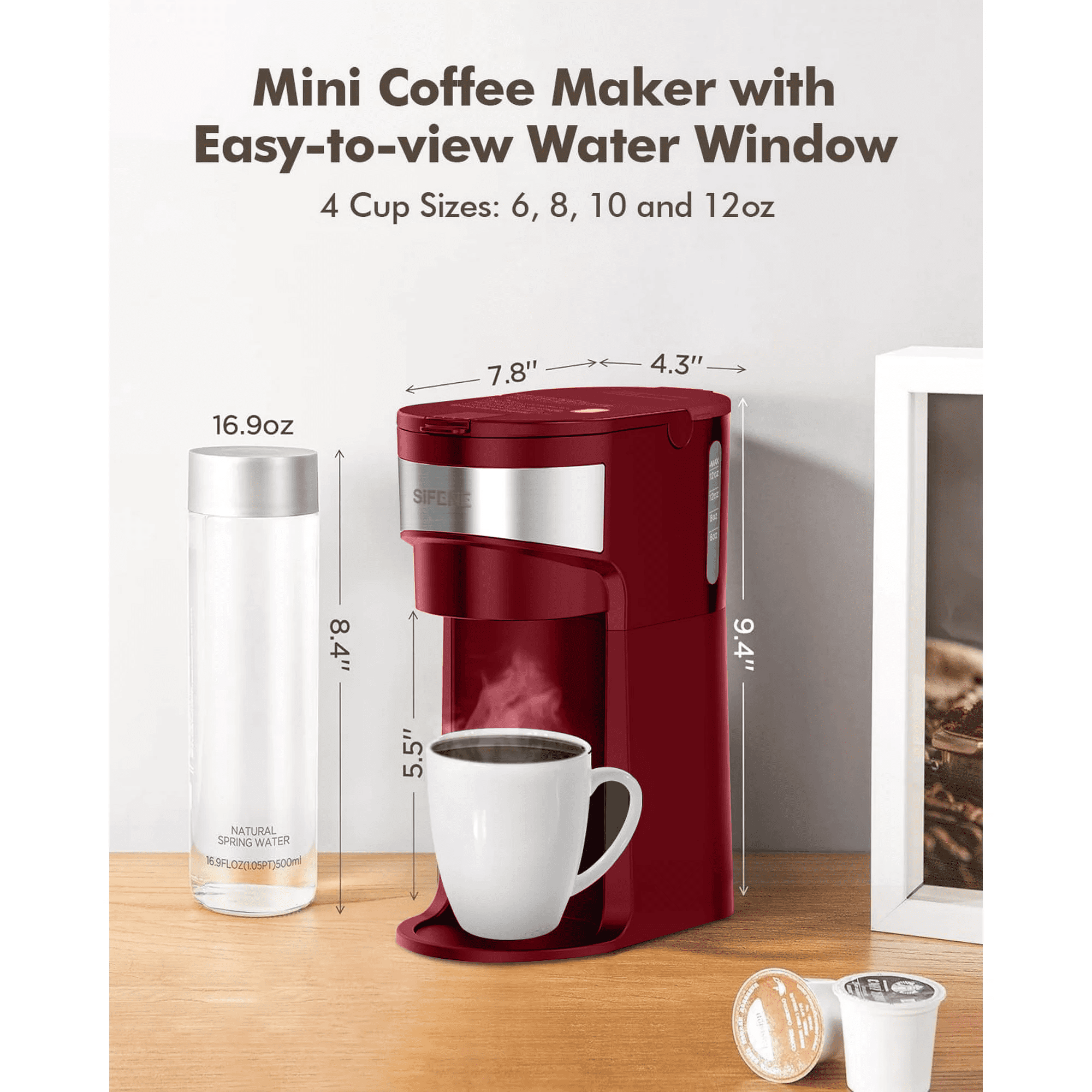 SIFENE 2-in-1 Single Serve Coffee Maker, Compatible with K Cup Capsules & Grounds, Fast Brew, Mini Compact Design, 6-12 Oz Brew Sizes, Descaling Reminder, Reusable Filter, Dorm RV, Red