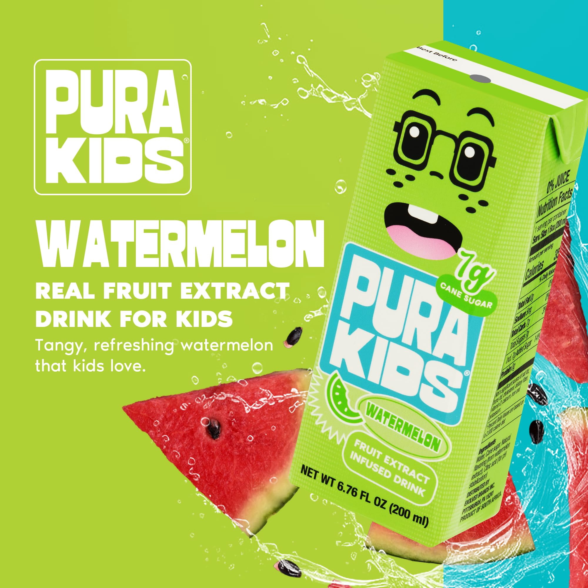 PURA Kids Juice Box | Watermelon Fruit Extract Juice Drink for Kids | 7g Pure Cane Sugar | Non-GMO | Vegan | No Artificial Sweeteners | Lunchbox Juice with Paper Straw | 6.76 Fl Oz (200ml),Pack of 24