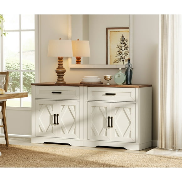 WAMPAT 2-in-1 Sideboard, 63" Wide Buffet Cabinet with Drawers & Doors, Modern Farmhouse Wooden Credenza with Shelves for Kitchen, Dining Room, Living Room, Entryway, Hallway, Coffee Bar Storage, White