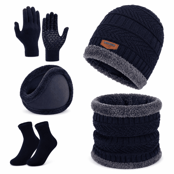 5-Piece Winter Hat Scarf Gloves Set for Men Women, Fleece Lined Knit Beanie Hat, Touchscreen Gloves, Neck Warmer, Earmuffs and Thermal Socks,  for Skiing, Hiking, Cycling, Trave