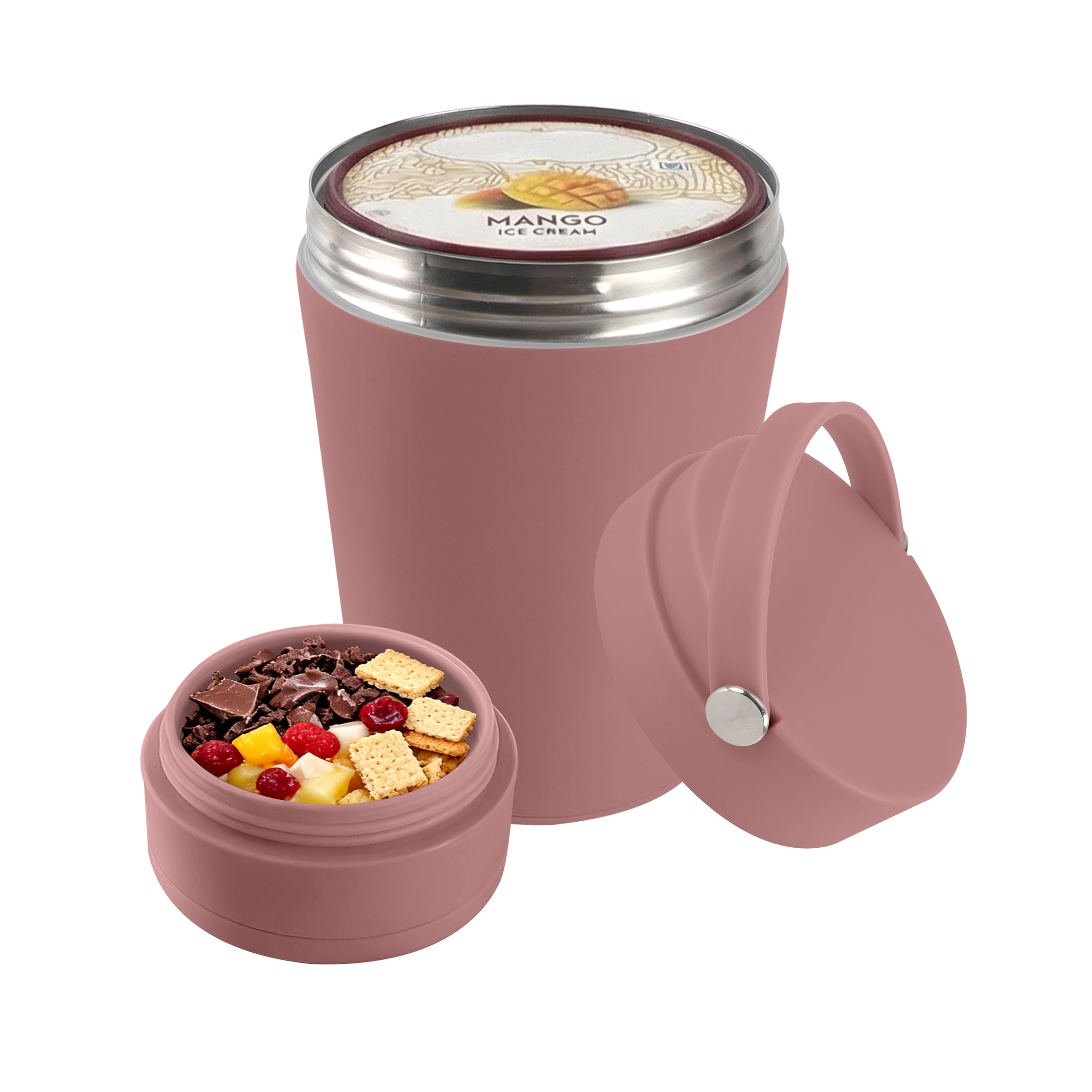 Cook with Color Insulated Ice Cream or Soup Container with Toppings Compartment and Spoon, Pink