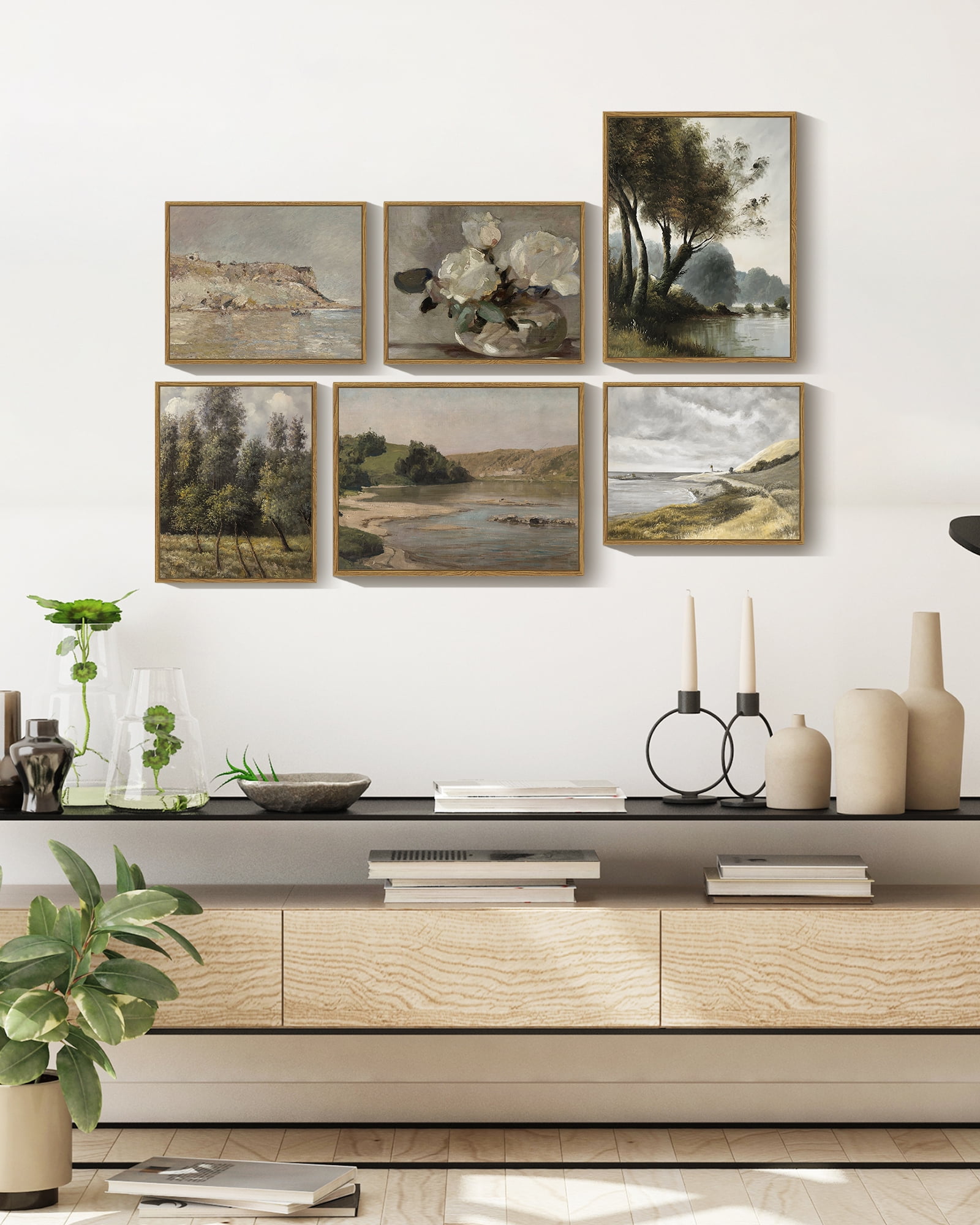 Drsoum Vintage 8x10in4pcs+11x14in2pcs Brown Framed Landscape Canvas Wall Art Classic Painting Modern Farmhouse Decor