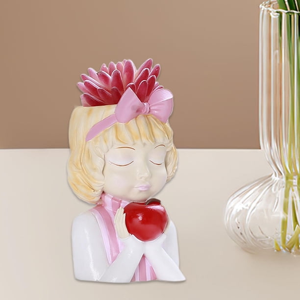 Maceta con cara para niña, soporte para bonsái, estatua para niña, macetero de flores, adorno, estatuilla de hada, estatua, macetero para patio de Rojo