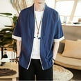 thumbnail image 4 of Lumtrix Men's Kimono Jackets Cardigan Lightweight Casual Cotton Blends Linen Seven Sleeves Open Front Coat Outwear Navy 3XL, 4 of 5