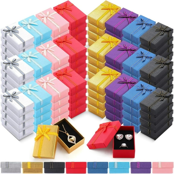 96 Pcs Christmas Jewelry Gift Boxes 2 x 3.1 x 1.1 in Empty Jewelry Boxes Small Gift Box with Lids Ribbon Bowknot for Earring Necklaces Bracelets Rings Christmas Wedding Holiday (8 Colors)