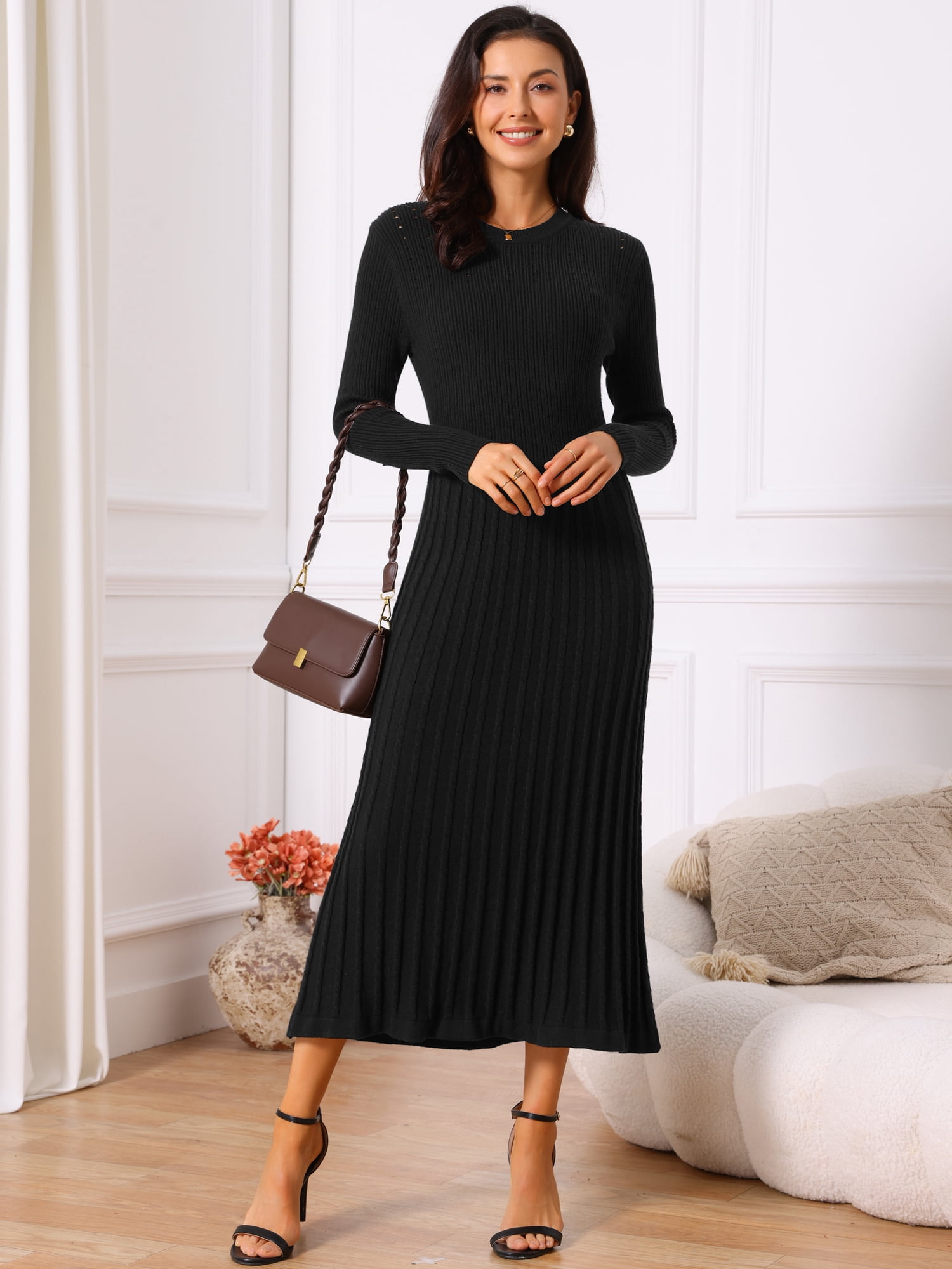 DARING DIVA Women's Long Sleeve Sweater Fall Crewneck Ribbed Knit Dress XL Black