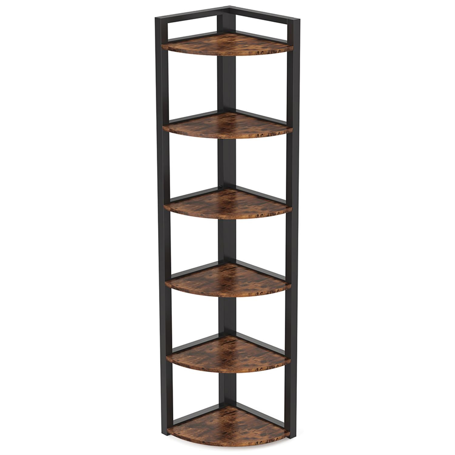 Demi Bonn 6 Tier Corner Bookshelf, Wood and Metal Bookcase Storage Organizer, 70" Tall Display Standing Shelf Unit for Bedroom, Living Room, Brown