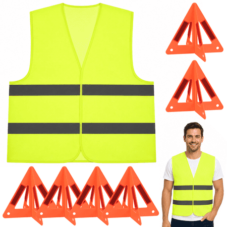 6 Pcs Safety Triangles for Vehicles, 10.2 x 9.1 in Emergency Warning Reflective Triangles with Reflective Vest, Foldable Roadside Safety Kit for Car, Truck
