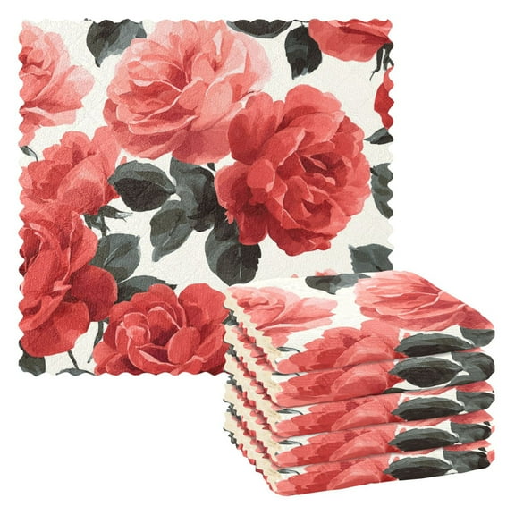 6 Pieces of Kitchen Towels 11x11Inch Kitchen Dish Cloths Kitchen Dish Towels Reuseable Cleaning Cloths Beautiful Red Rose