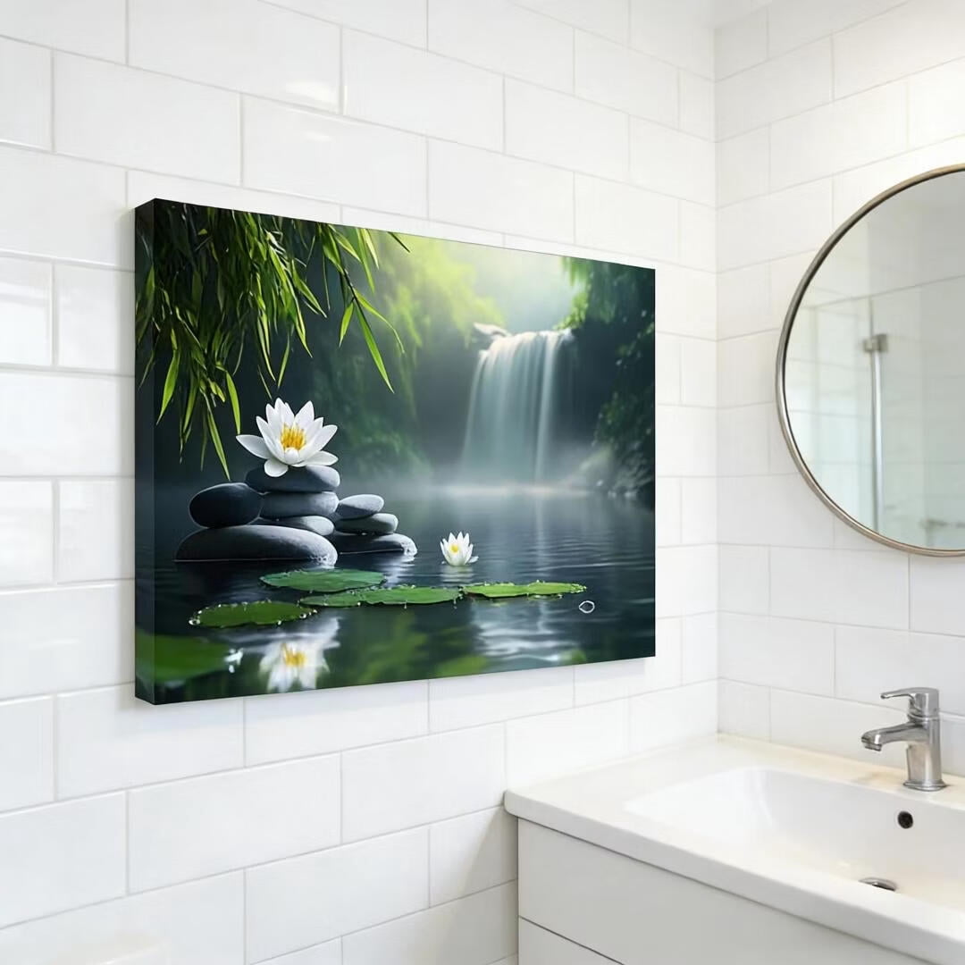Mudket Framed Canvas Wall Art, Zen Waterfall Lotus Stacked Stones Wall Decor, Serene Spa Nature Waterproof Art Prints for Bathroom Bedroom Living Room Home Wall Decor - 30"L x 20"W
