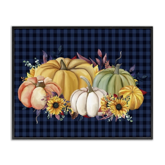Stupell Industries Cottage Sunflowers & Pumpkins Botanical Arrangement Blue Tartan Pattern Black Framed Giclee Art, 14 x 11, by Kim Allen
