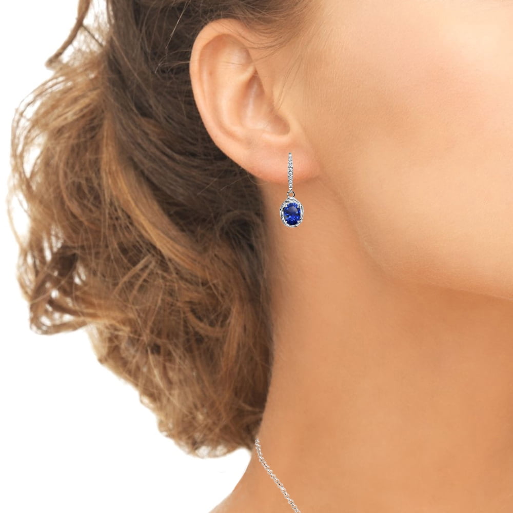 Created Blue Sapphire & CZ 7x5mm Oval Love Knot Sterling Silver Dangle Earrings