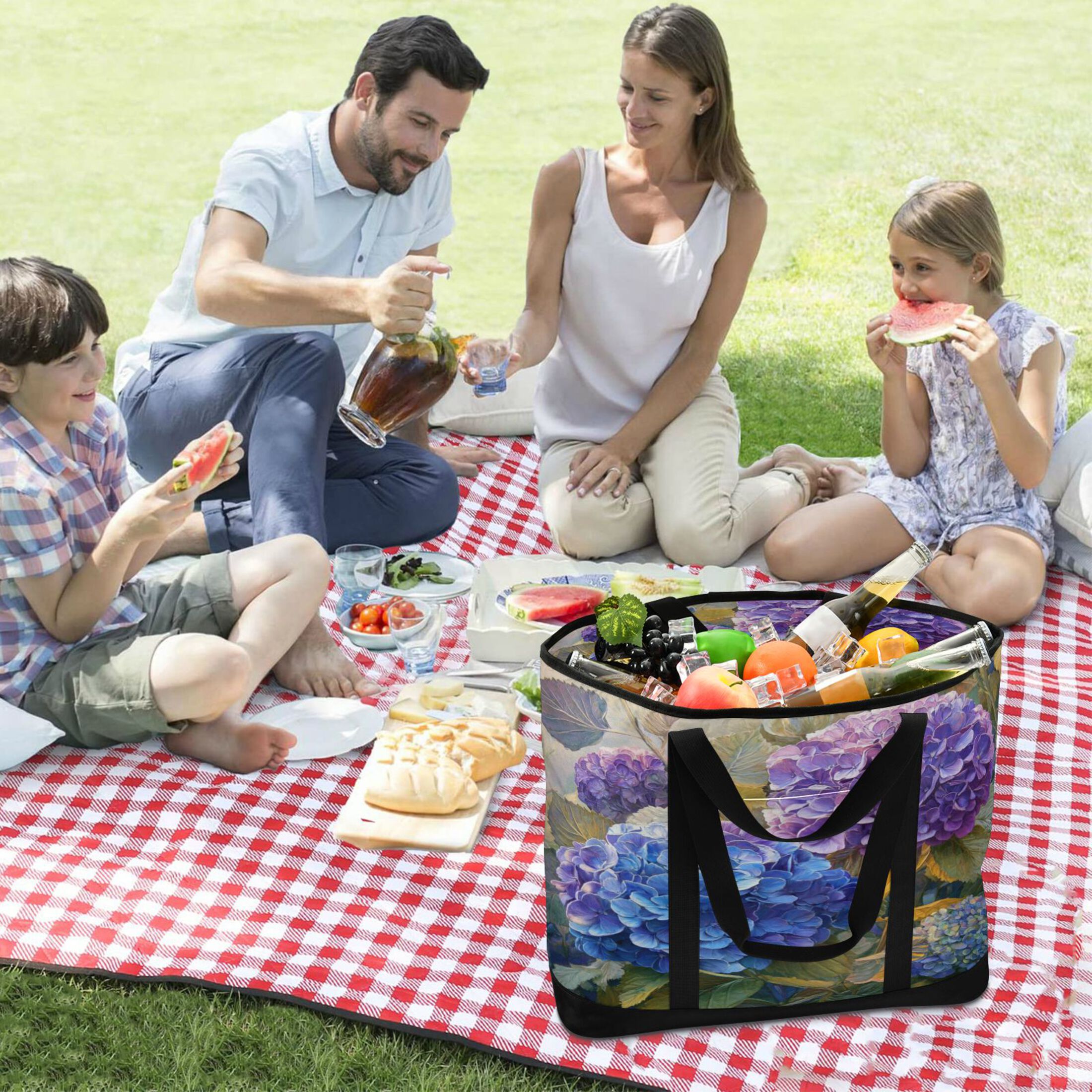 Extra-Large Wide Opening Design Capacity Hand-Held Ice Pack Thickened Insulation Layer For Long-Lasting Cold Retention For Outdoor Shopping Picnics And Camping Beautiful Painting Of Hydrangeas