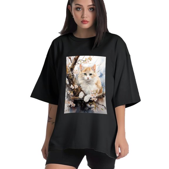 Plus Size Shirt for Women Black Tops for Women Short Sleeves Shirt for Women Cats T Shirt Crewneck Shirt for Women XS